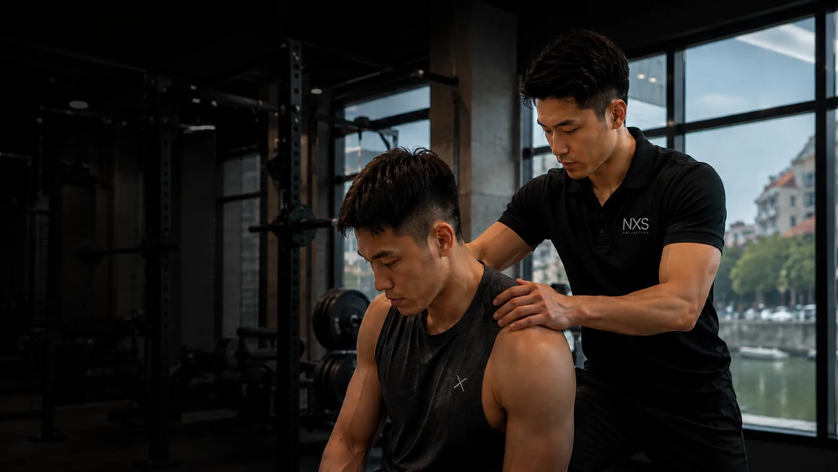An NXS Collective coach assessing a client's shoulder in the training space