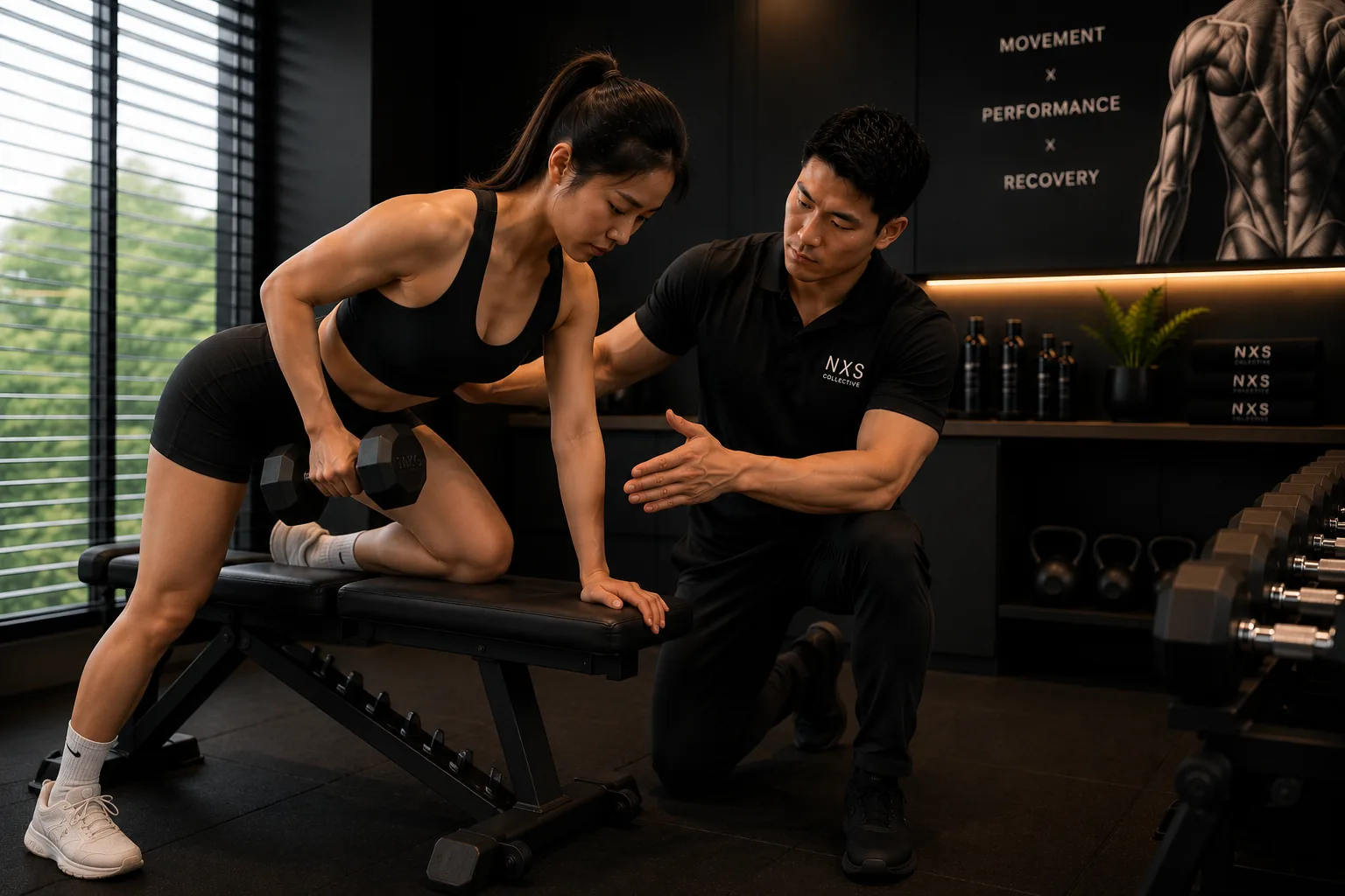 Personal trainer coaching a client through resistance training at NXS Collective